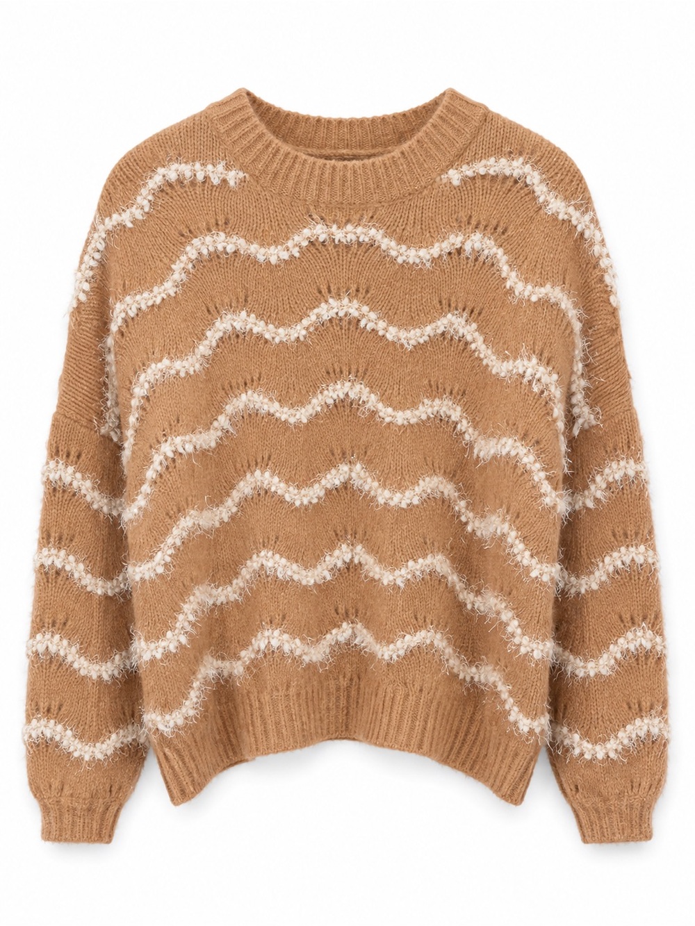 Heartloom Oversized Camel & Cream Wavy Textured Knit sweater Size XS